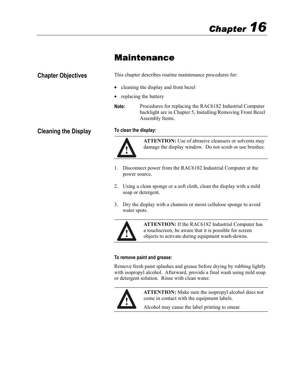 16 - maintenance, Maintenance, Chapter | Rockwell Automation 6182 Industrial Computer for the Windows CE Operating System User Manual | Page 137 / 160