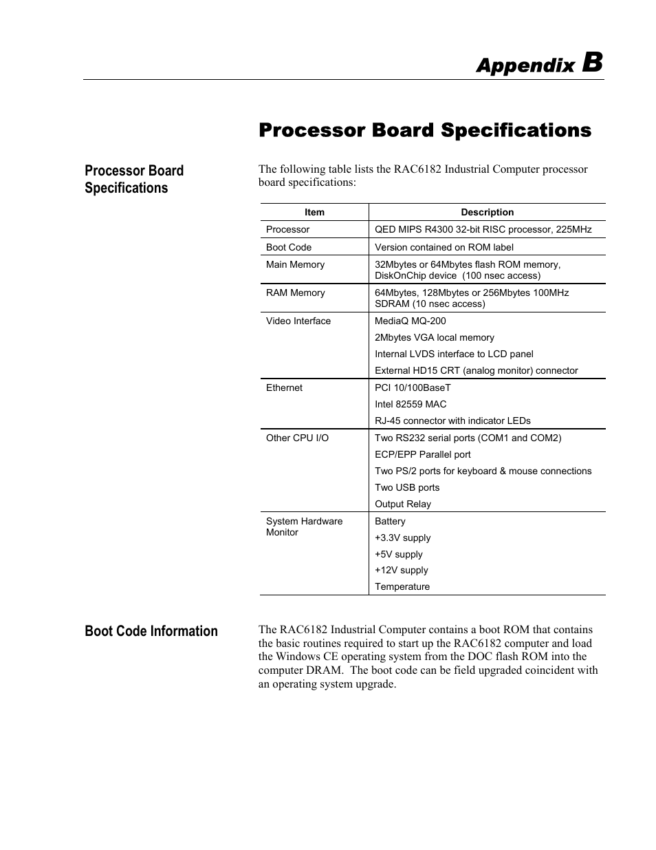 B - processor board specifications, Processor board specifications, Appendix | Rockwell Automation 6182 Industrial Computer for the Windows CE Operating System User Manual | Page 147 / 160