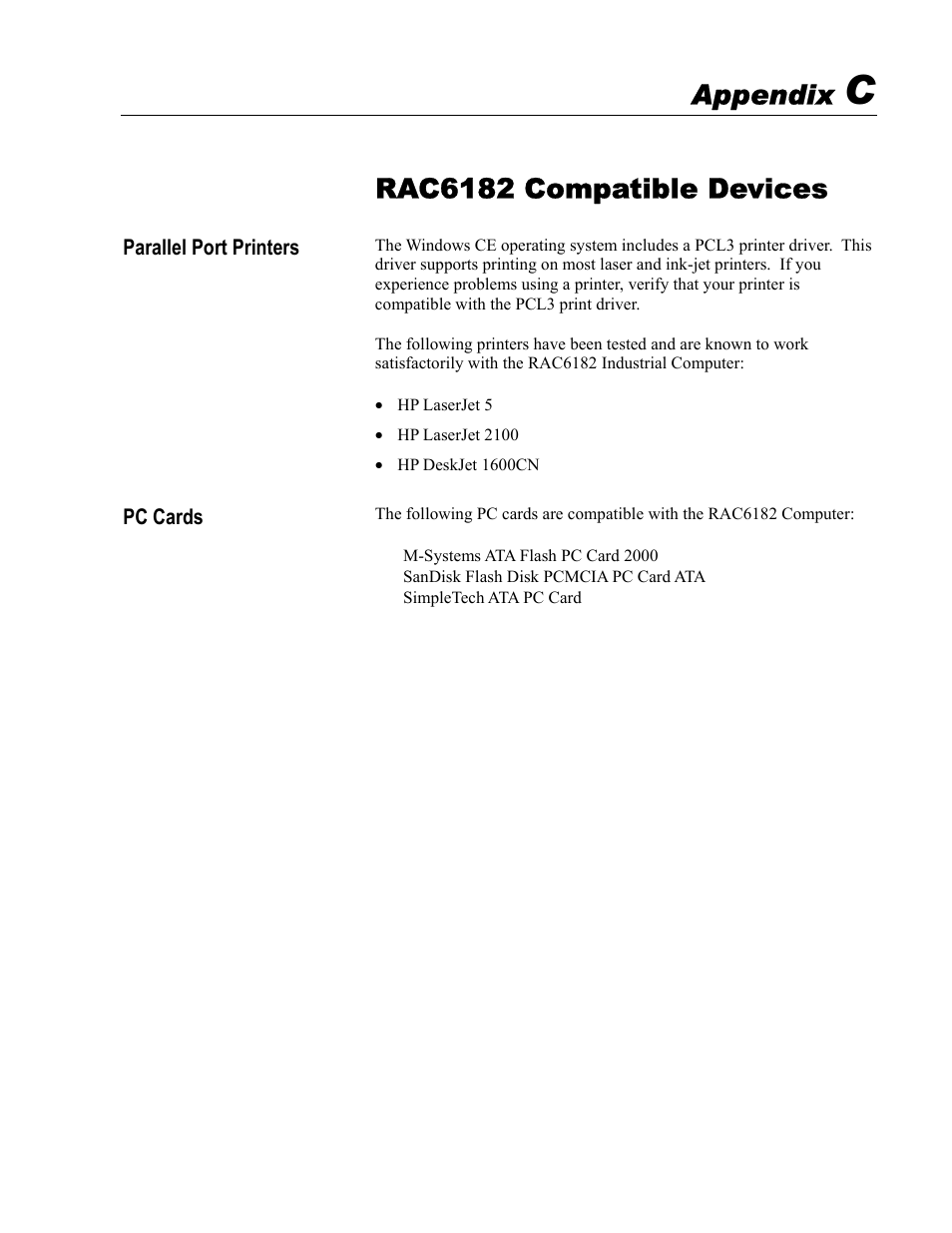 C - rac6182 compatible devices, Rac6182 compatible devices, Appendix | Rockwell Automation 6182 Industrial Computer for the Windows CE Operating System User Manual | Page 149 / 160