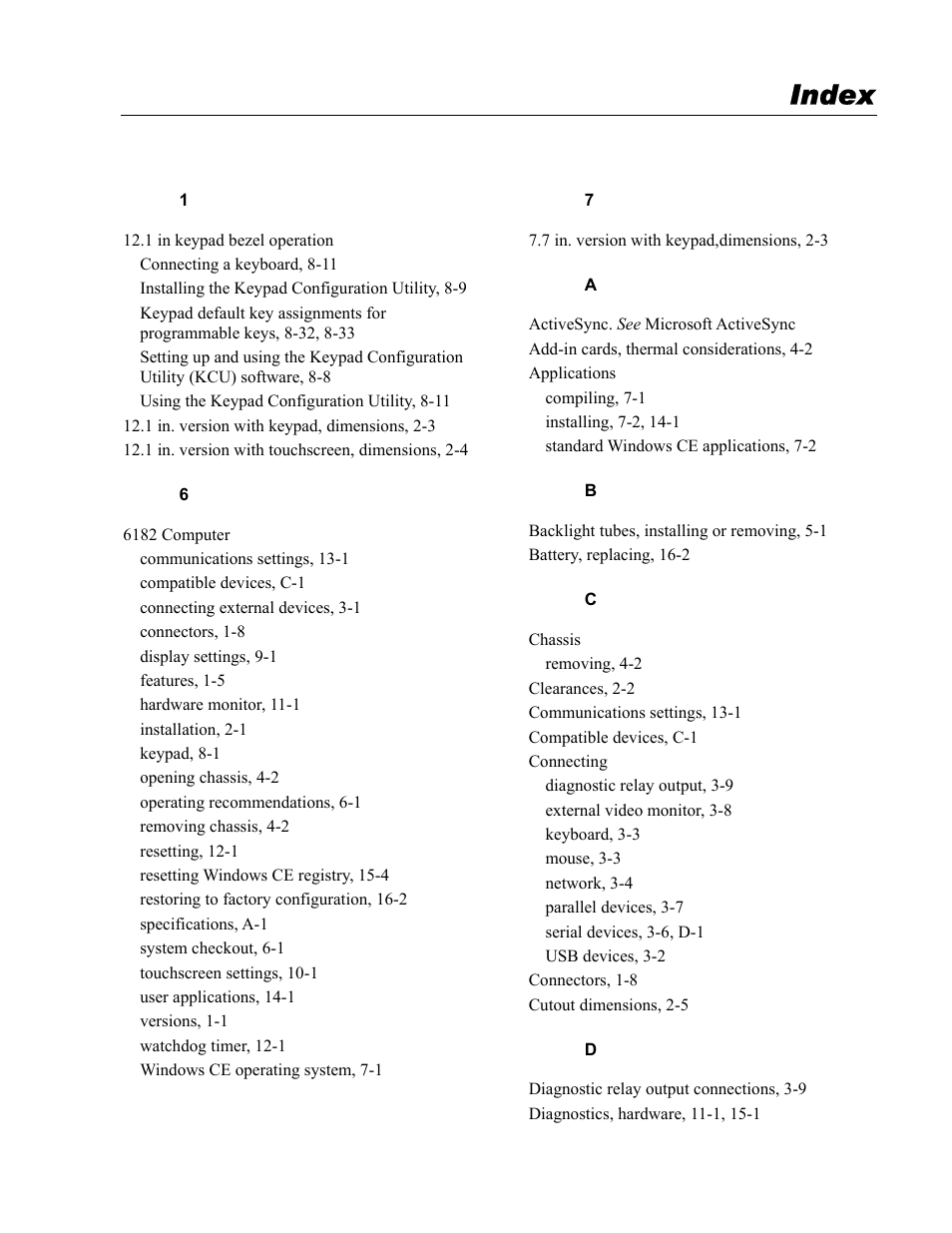 Index | Rockwell Automation 6182 Industrial Computer for the Windows CE Operating System User Manual | Page 153 / 160