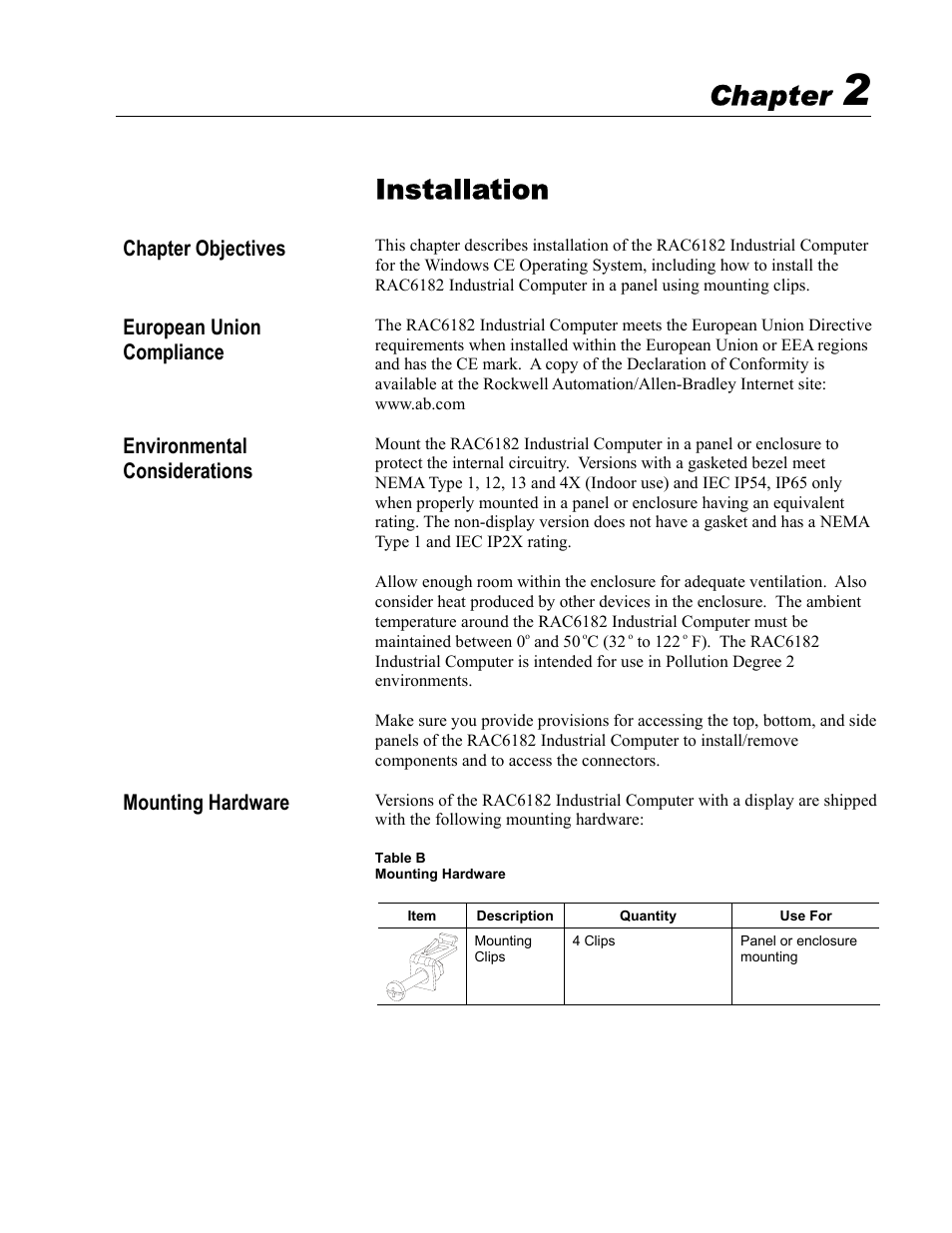 2 - installation, Installation, Chapter | Rockwell Automation 6182 Industrial Computer for the Windows CE Operating System User Manual | Page 21 / 160