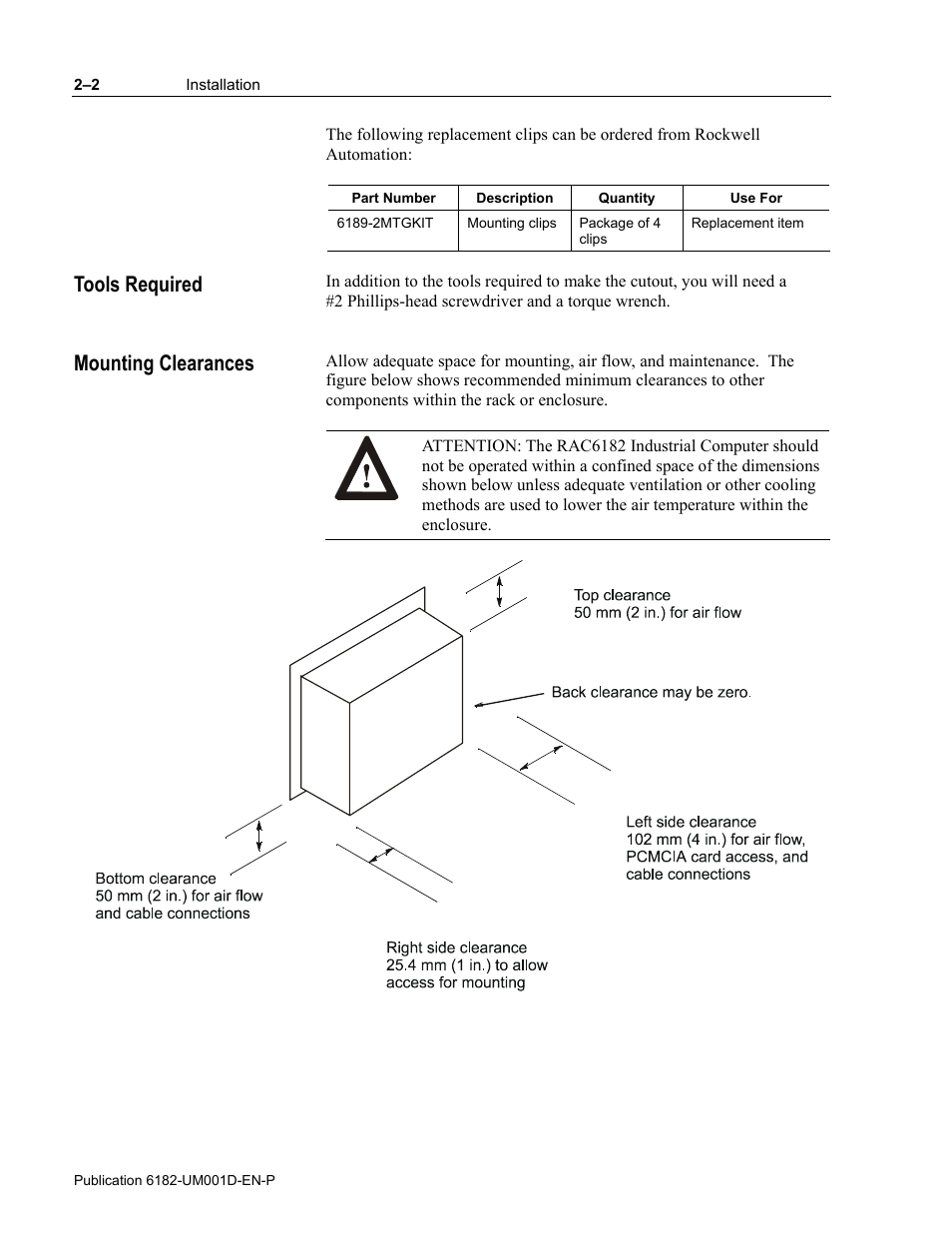 Tools required mounting clearances | Rockwell Automation 6182 Industrial Computer for the Windows CE Operating System User Manual | Page 22 / 160