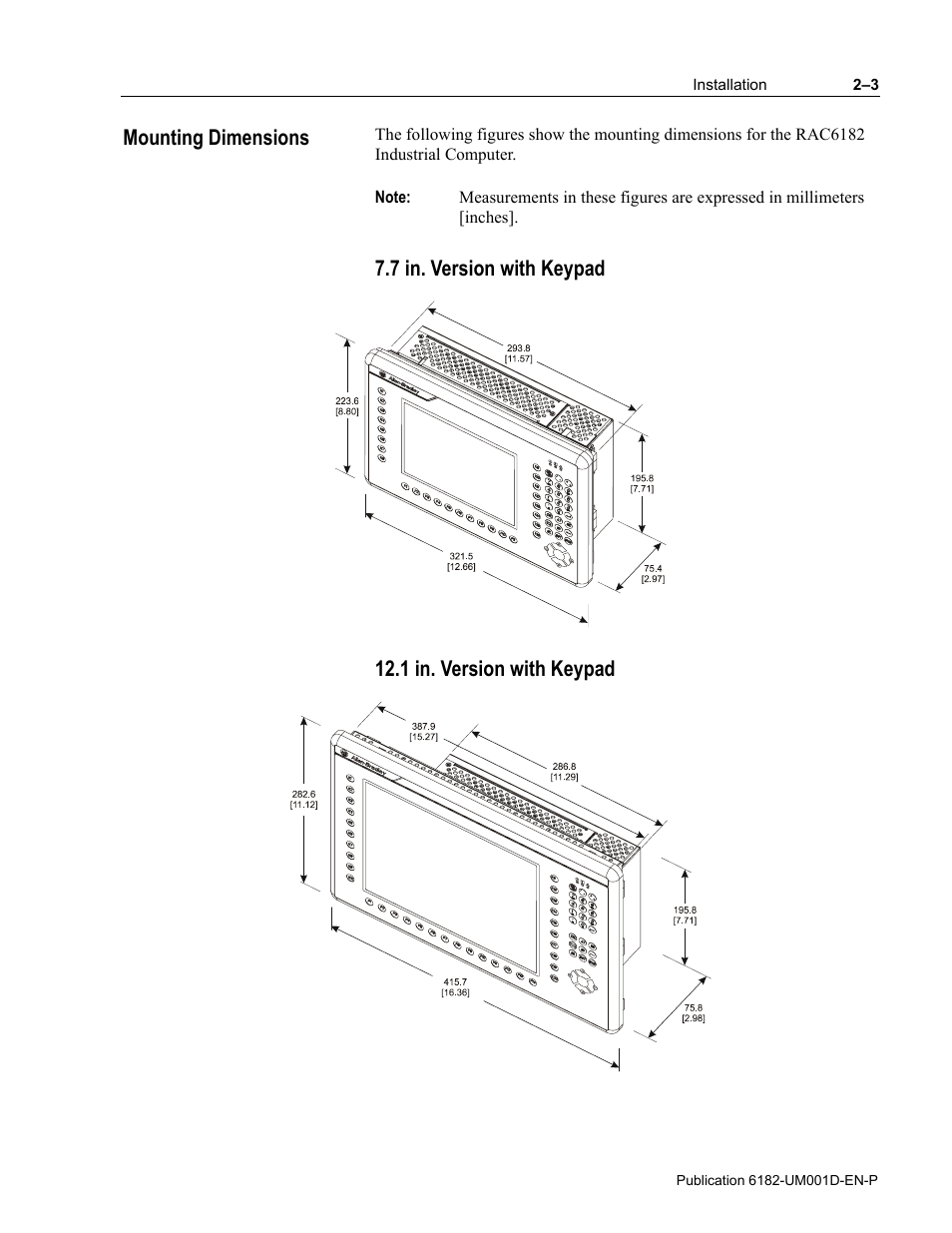 7 in. version with keypad, 1 in. version with keypad, Mounting dimensions | Rockwell Automation 6182 Industrial Computer for the Windows CE Operating System User Manual | Page 23 / 160