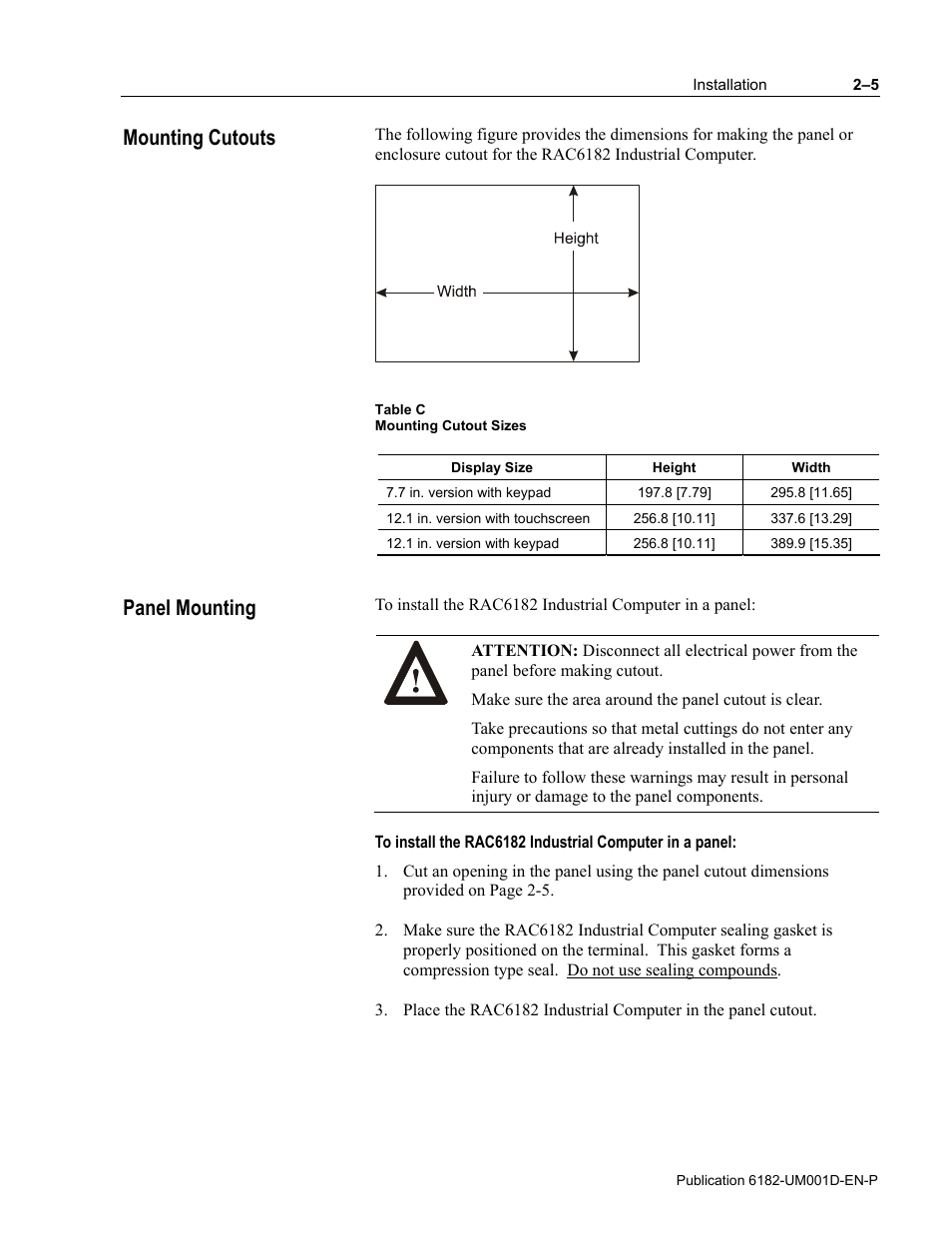Mounting cutouts panel mounting | Rockwell Automation 6182 Industrial Computer for the Windows CE Operating System User Manual | Page 25 / 160