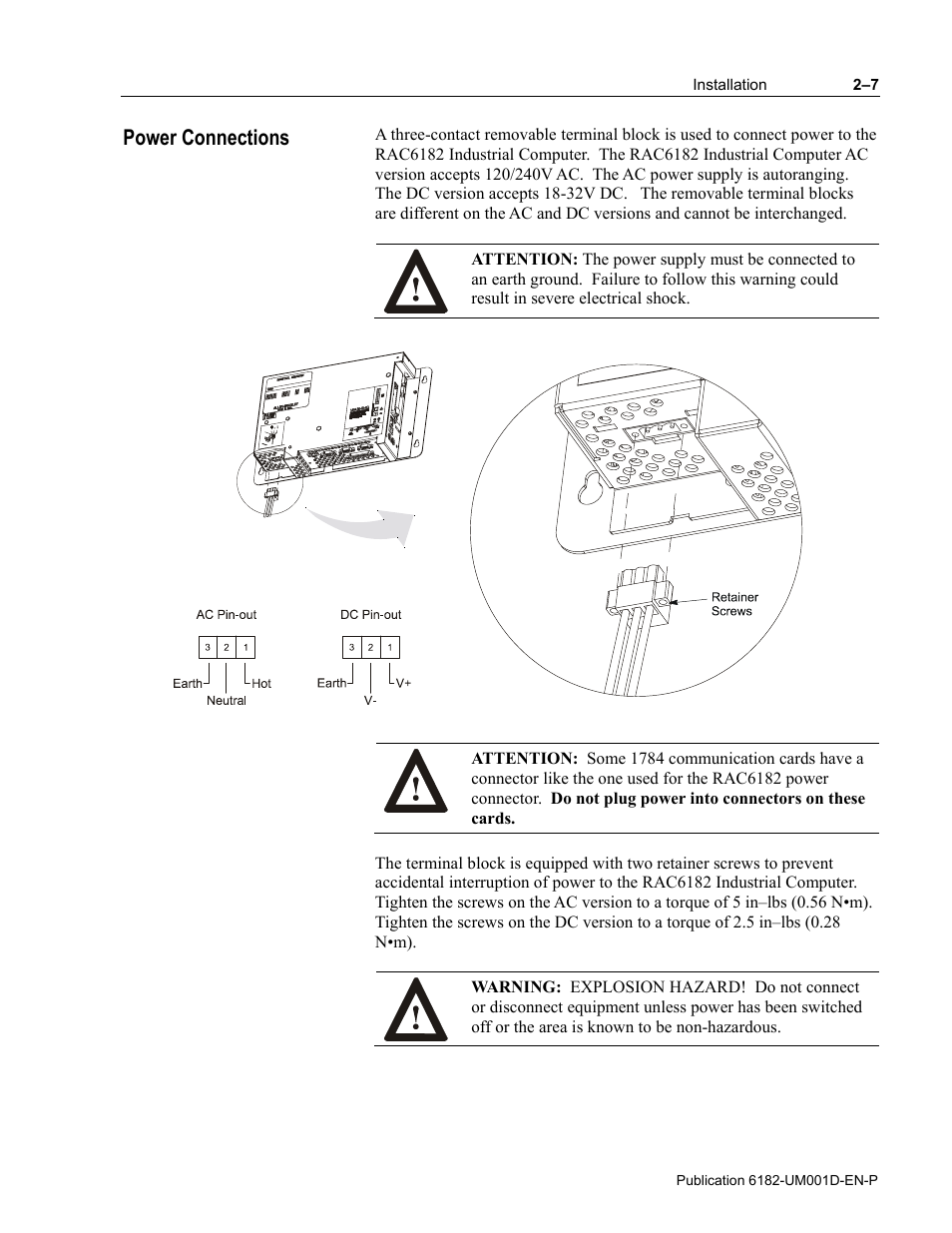 Power connections | Rockwell Automation 6182 Industrial Computer for the Windows CE Operating System User Manual | Page 27 / 160