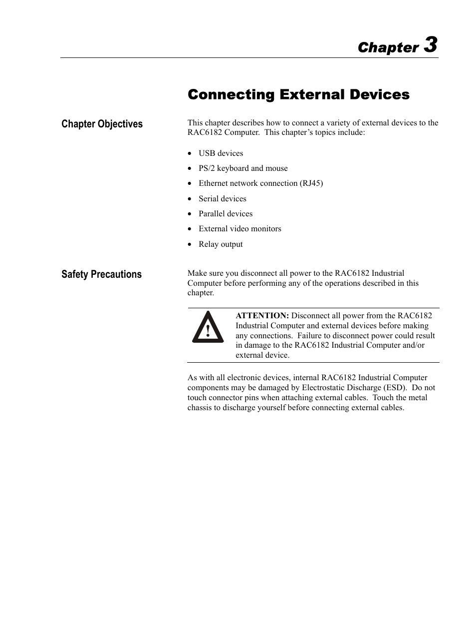 3 - connecting external devices, Connecting external devices, Chapter | Rockwell Automation 6182 Industrial Computer for the Windows CE Operating System User Manual | Page 29 / 160