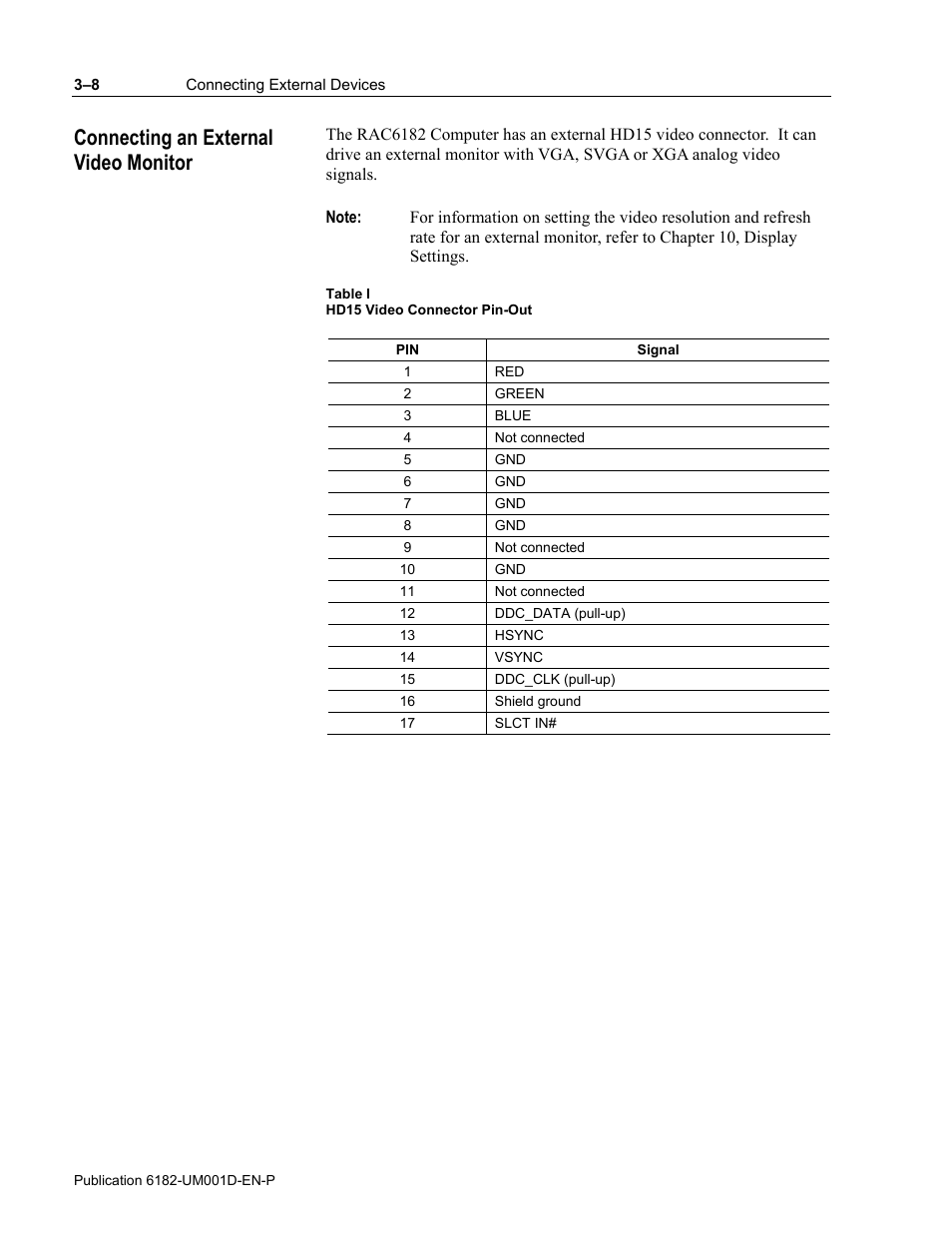 Connecting an external video monitor | Rockwell Automation 6182 Industrial Computer for the Windows CE Operating System User Manual | Page 36 / 160