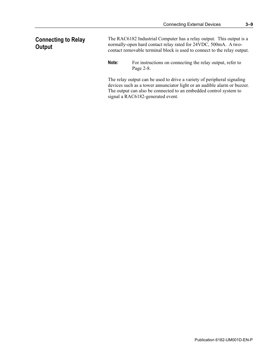 Connecting to relay output | Rockwell Automation 6182 Industrial Computer for the Windows CE Operating System User Manual | Page 37 / 160