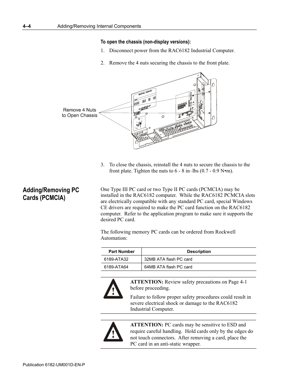 Adding/removing pc cards (pcmcia) | Rockwell Automation 6182 Industrial Computer for the Windows CE Operating System User Manual | Page 42 / 160