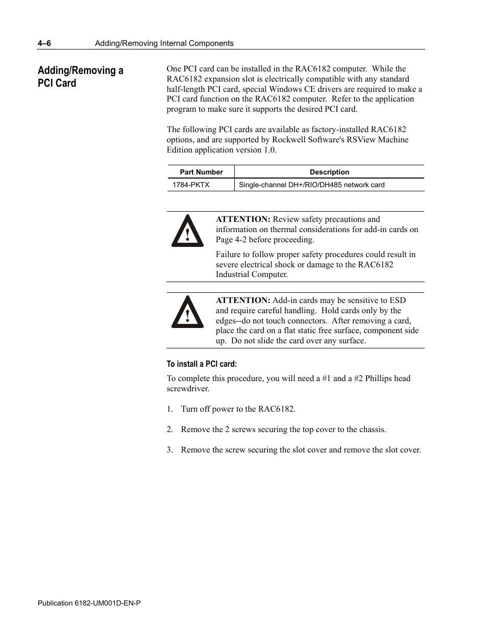 Adding/removing a pci card | Rockwell Automation 6182 Industrial Computer for the Windows CE Operating System User Manual | Page 44 / 160