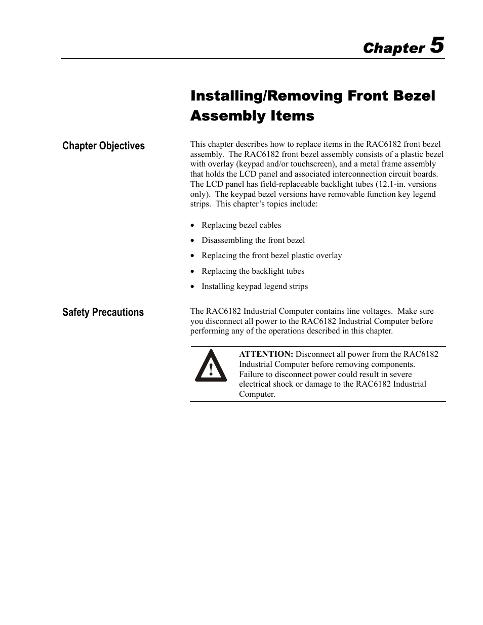5 - installing/removing front bezel assembly items, Installing/removing front bezel assembly items, Chapter | Rockwell Automation 6182 Industrial Computer for the Windows CE Operating System User Manual | Page 51 / 160