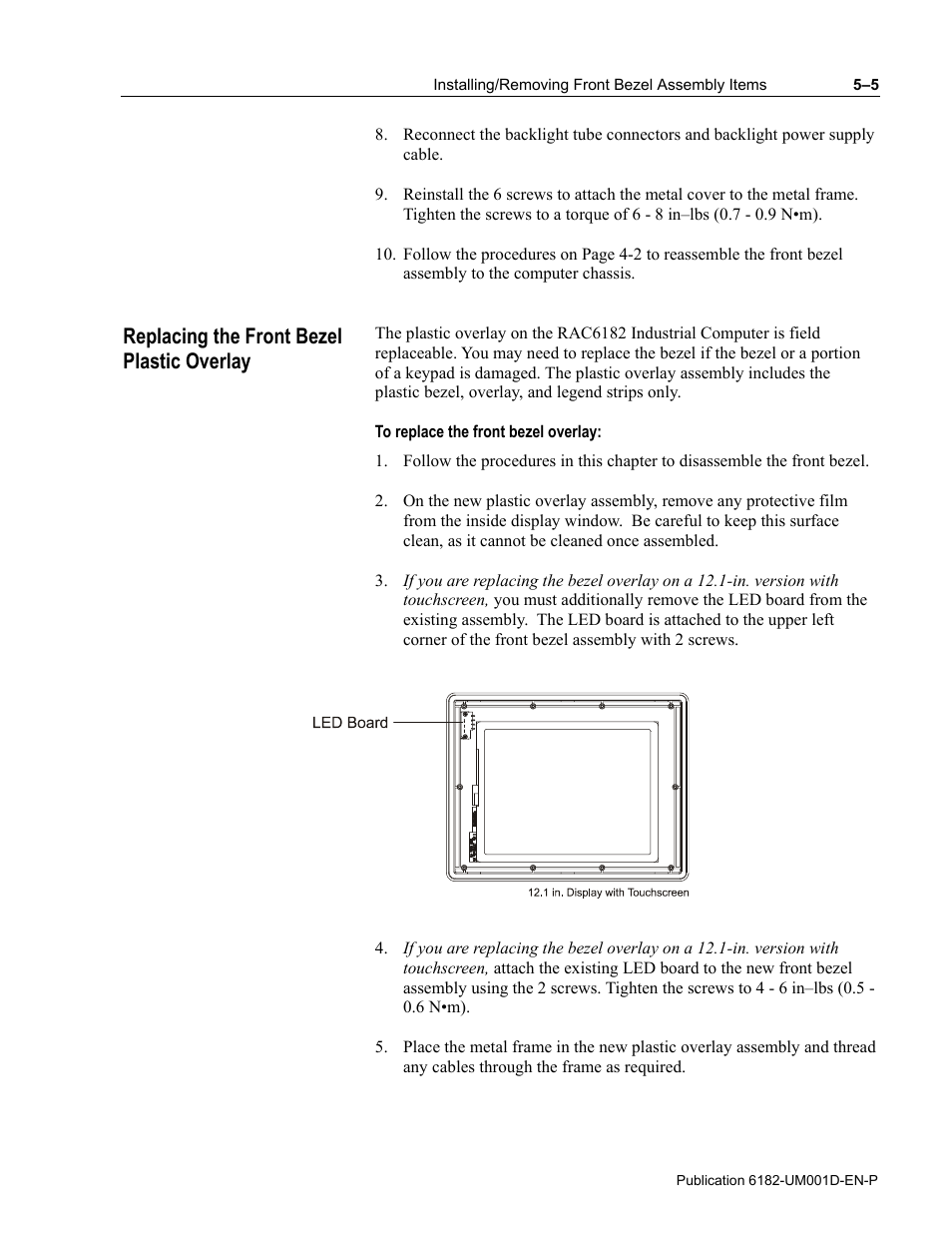 Replacing the front bezel plastic overlay | Rockwell Automation 6182 Industrial Computer for the Windows CE Operating System User Manual | Page 55 / 160