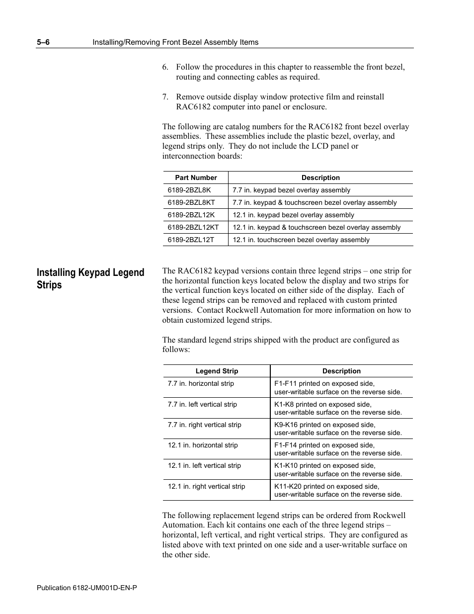 Installing keypad legend strips | Rockwell Automation 6182 Industrial Computer for the Windows CE Operating System User Manual | Page 56 / 160