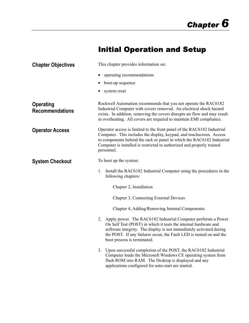6 - initial operation and setup, Initial operation and setup, Chapter | Rockwell Automation 6182 Industrial Computer for the Windows CE Operating System User Manual | Page 59 / 160