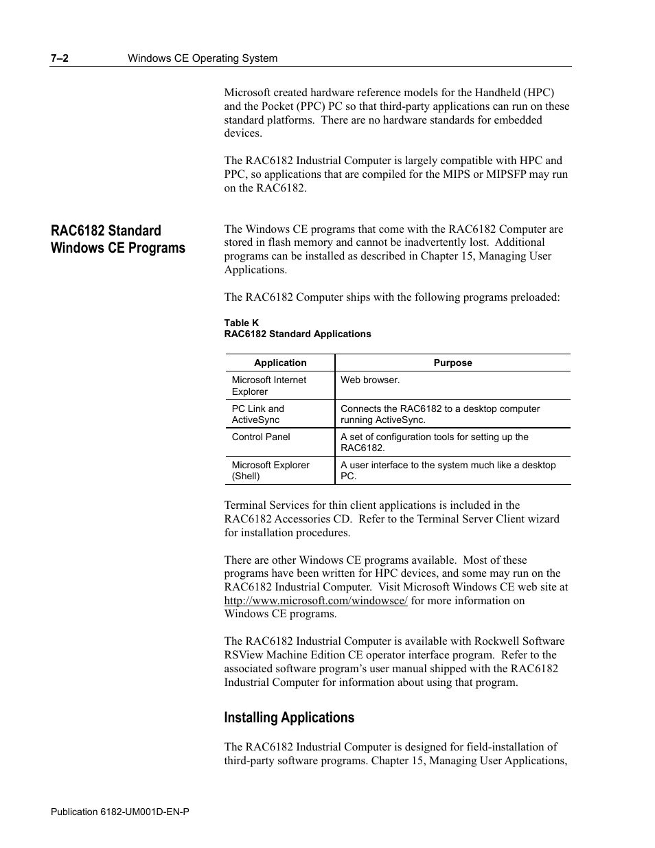 Installing applications, Rac6182 standard windows ce programs | Rockwell Automation 6182 Industrial Computer for the Windows CE Operating System User Manual | Page 62 / 160