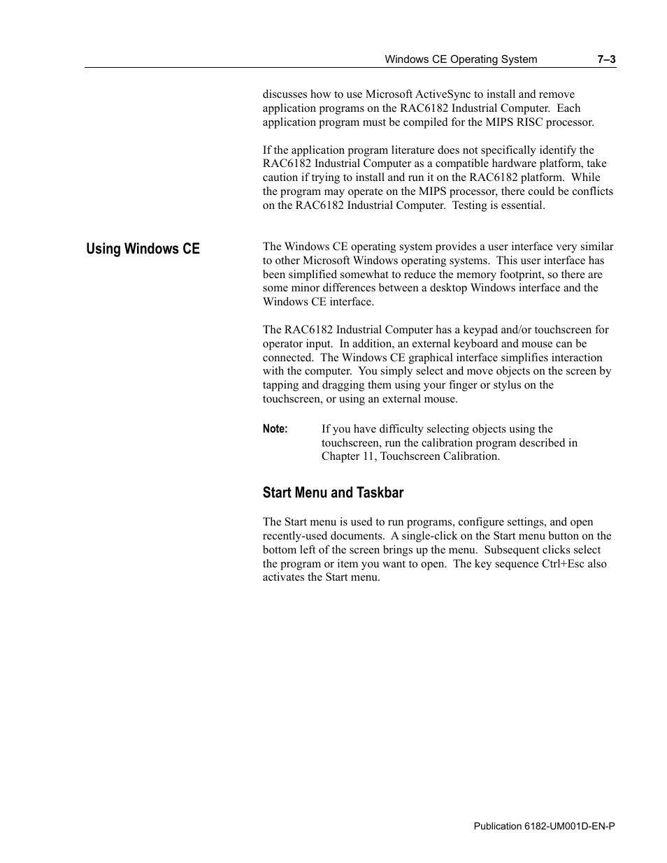 Start menu and taskbar, Using windows ce | Rockwell Automation 6182 Industrial Computer for the Windows CE Operating System User Manual | Page 63 / 160