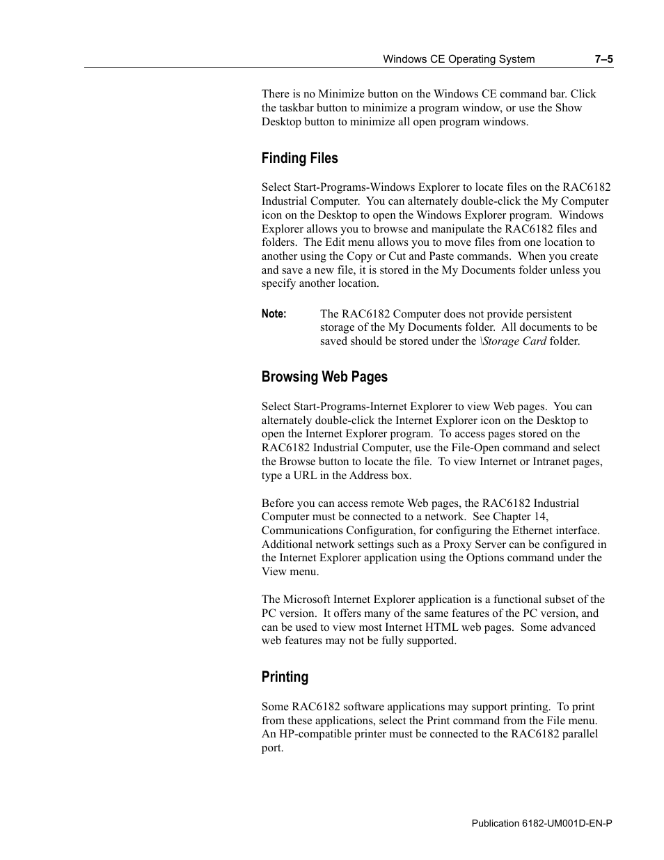 Finding files, Browsing web pages, Printing | Rockwell Automation 6182 Industrial Computer for the Windows CE Operating System User Manual | Page 65 / 160