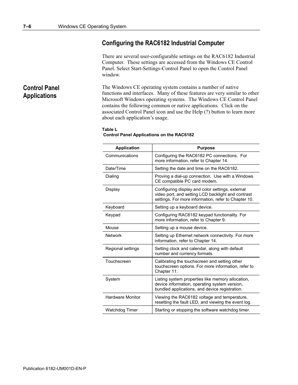 Configuring the rac6182 industrial computer, Control panel applications | Rockwell Automation 6182 Industrial Computer for the Windows CE Operating System User Manual | Page 66 / 160