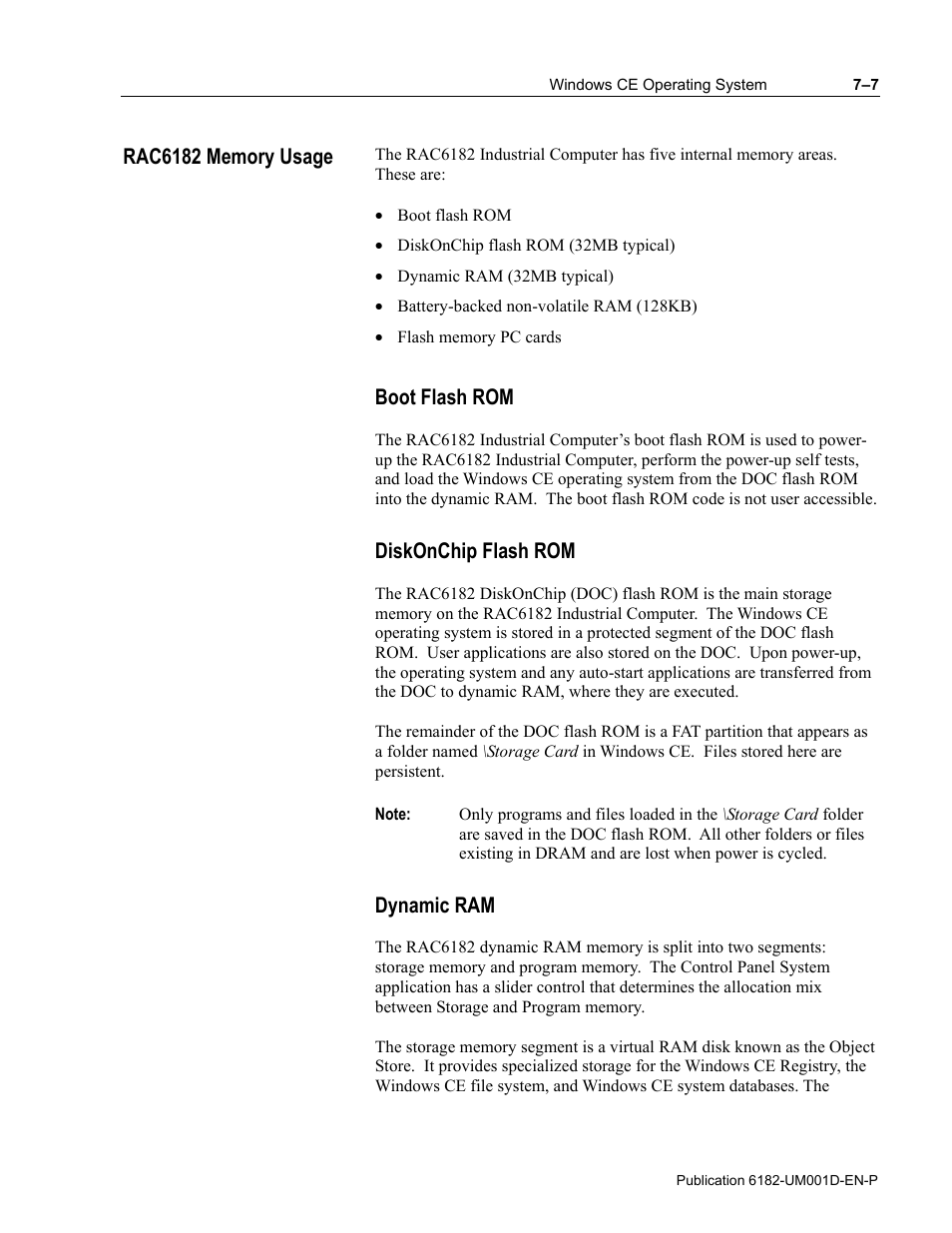 Boot flash rom, Diskonchip flash rom, Dynamic ram | Rockwell Automation 6182 Industrial Computer for the Windows CE Operating System User Manual | Page 67 / 160