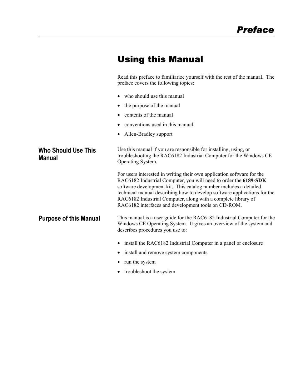 Preface - using this manual, Using this manual, Preface | Rockwell Automation 6182 Industrial Computer for the Windows CE Operating System User Manual | Page 7 / 160