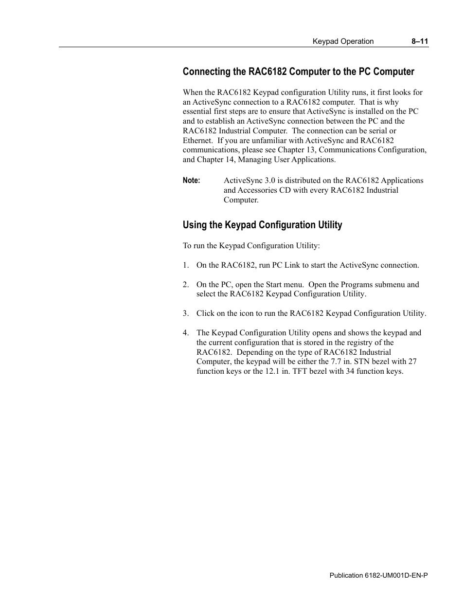 Connecting the rac6182 computer to the pc computer, Using the keypad configuration utility | Rockwell Automation 6182 Industrial Computer for the Windows CE Operating System User Manual | Page 79 / 160