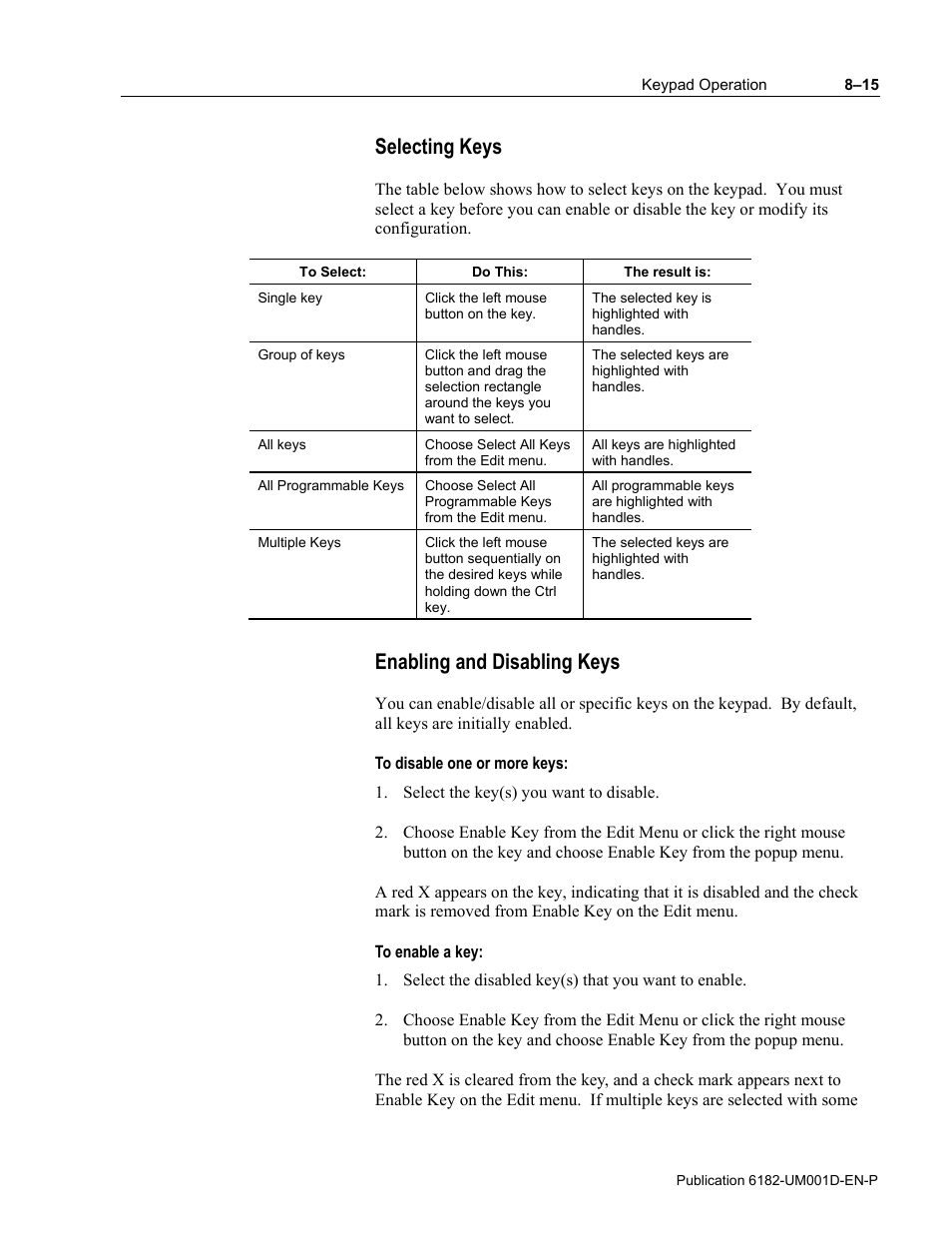 Selecting keys, Enabling and disabling keys | Rockwell Automation 6182 Industrial Computer for the Windows CE Operating System User Manual | Page 83 / 160
