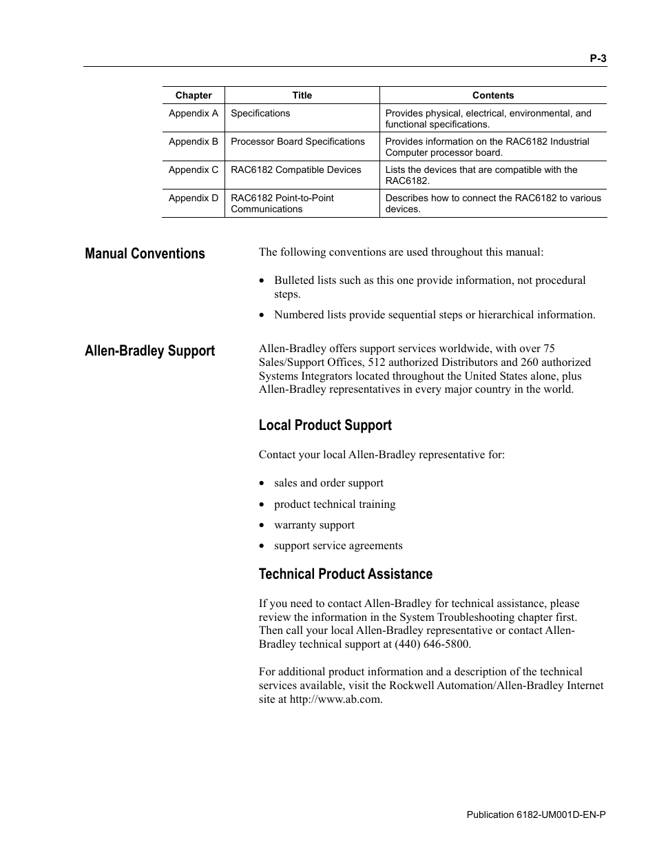 Local product support, Technical product assistance, Manual conventions allen-bradley support | Rockwell Automation 6182 Industrial Computer for the Windows CE Operating System User Manual | Page 9 / 160