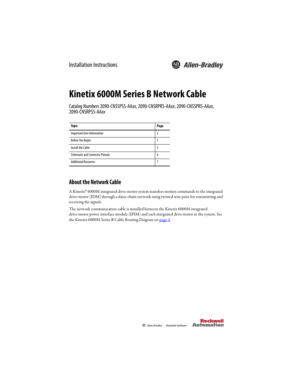 Rockwell Automation 2090-CNSxxx Kinetix 6000M Series B Network Communication Cable Installation Instructions User Manual | 8 pages