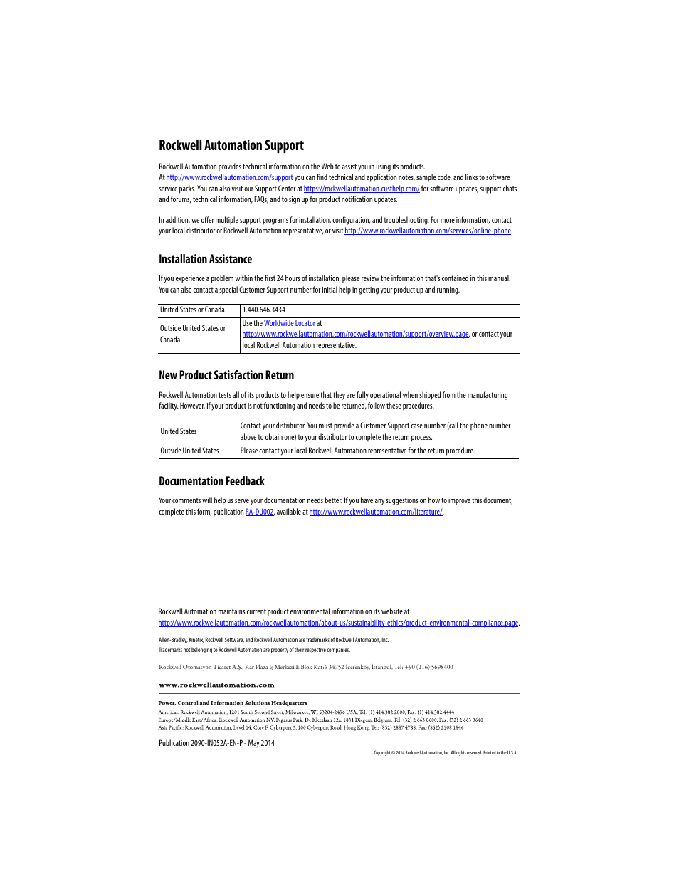 Rockwell automation support, Installation assistance, New product satisfaction return | Documentation feedback | Rockwell Automation 2090-CNSxxx Kinetix 6000M Series B Network Communication Cable Installation Instructions User Manual | Page 8 / 8