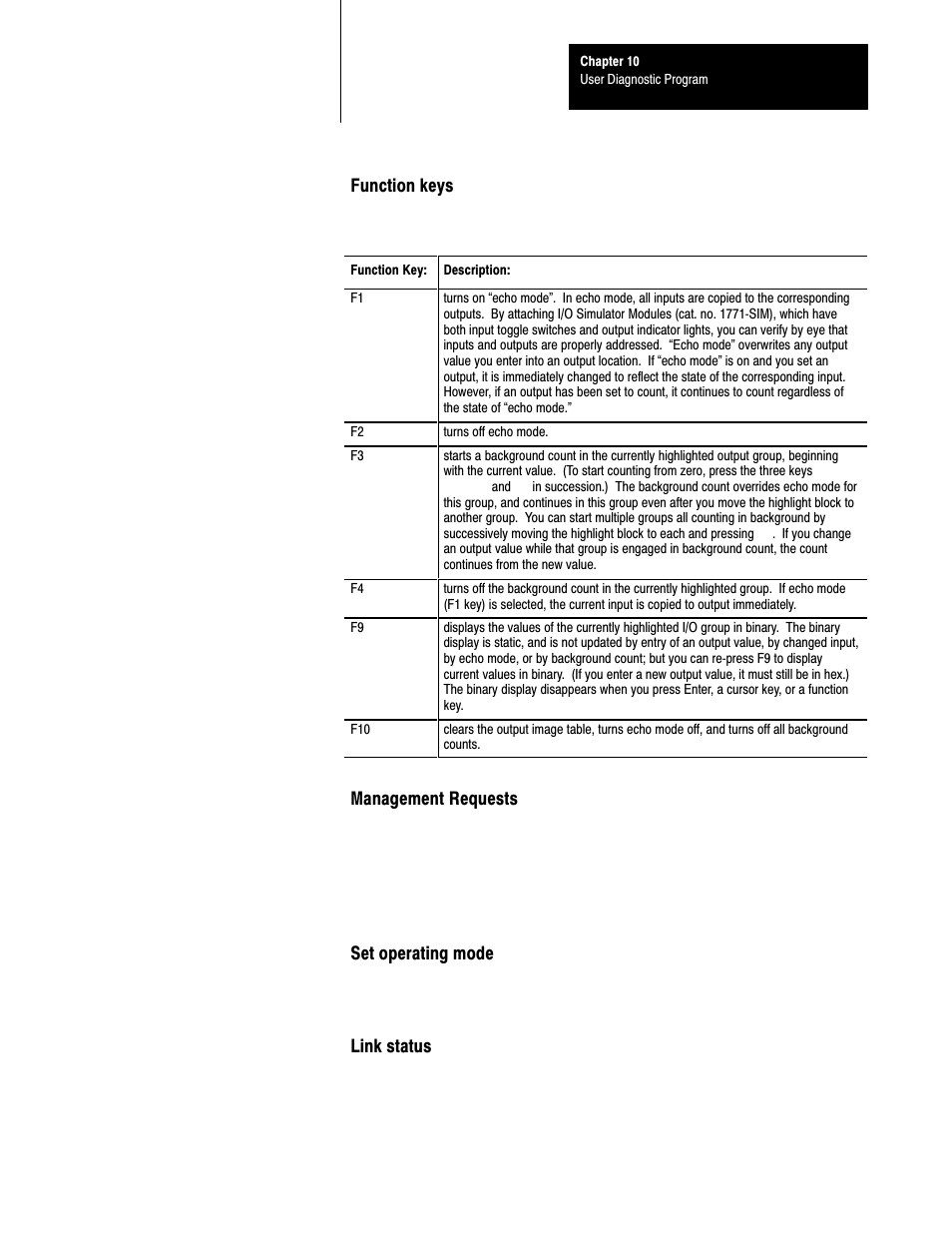 Function keys, Management requests, Set operating mode | Link status | Rockwell Automation 6008-SI IBM PC I/O SCNNR 6008-SI User Manual | Page 119 / 136