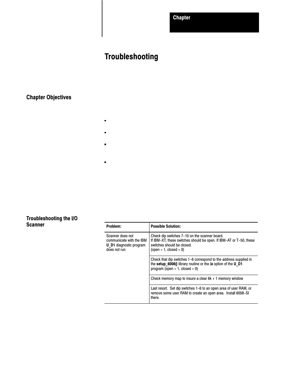 11 - troubleshooting, Chapter objectives, Troubleshooting the i/o scanner | 11ć1, Troubleshooting | Rockwell Automation 6008-SI IBM PC I/O SCNNR 6008-SI User Manual | Page 124 / 136