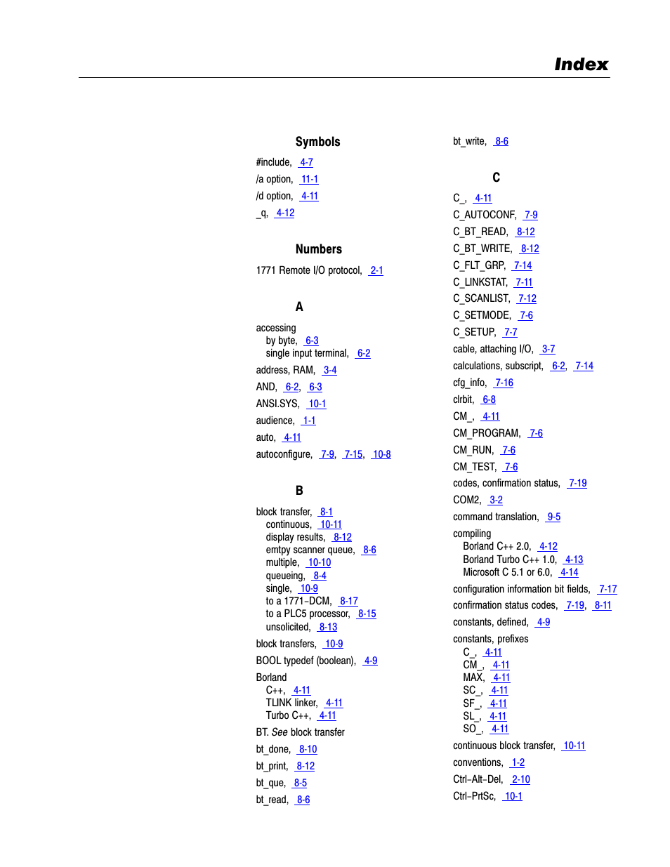 Index | Rockwell Automation 6008-SI IBM PC I/O SCNNR 6008-SI User Manual | Page 131 / 136