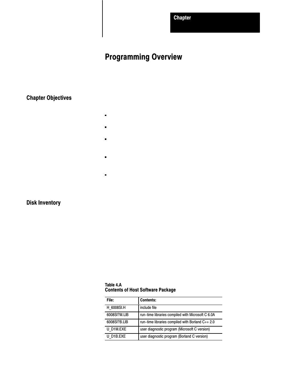 4 - programming overview, Chapter objectives, Disk inventory | Programming overview | Rockwell Automation 6008-SI IBM PC I/O SCNNR 6008-SI User Manual | Page 28 / 136