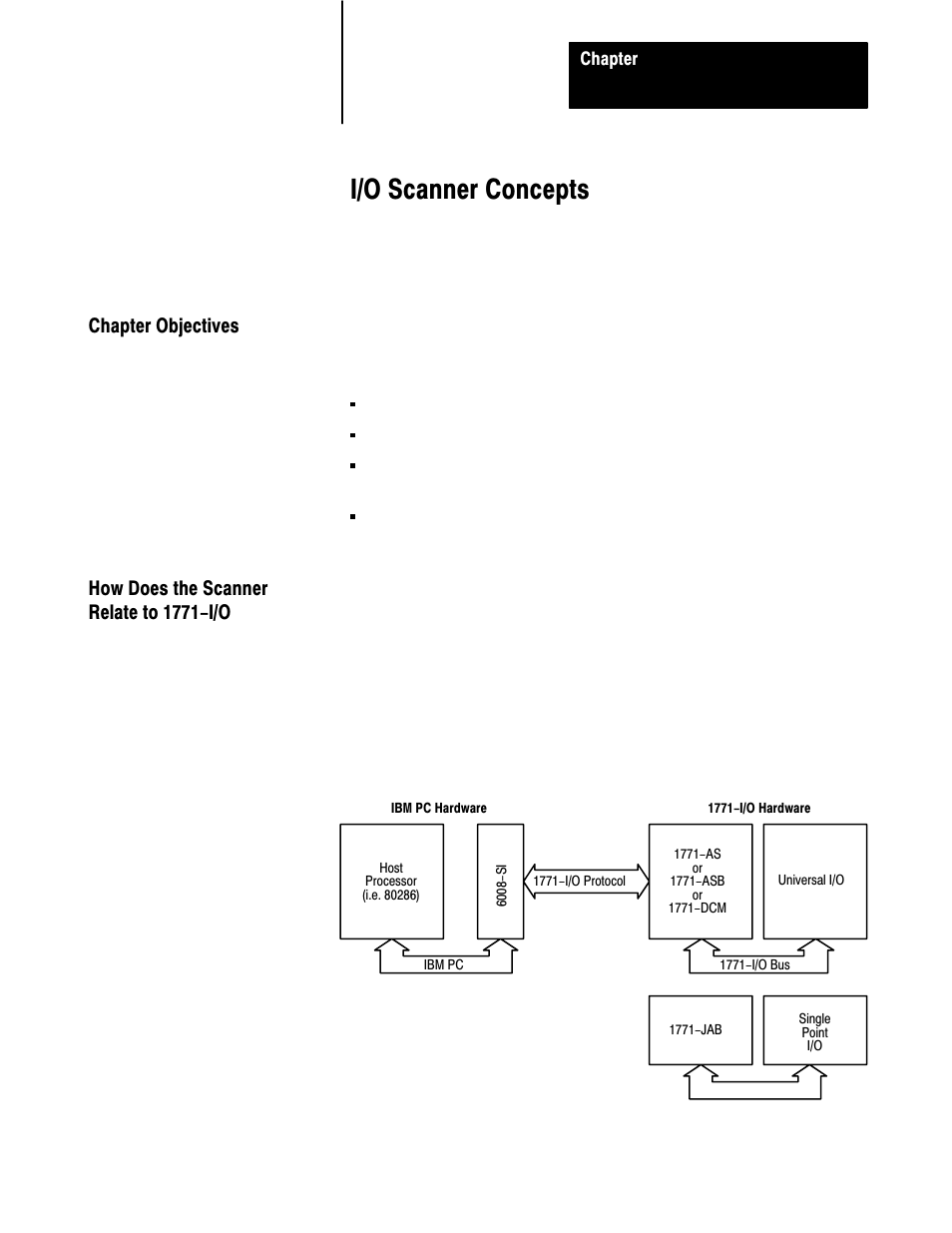 2 - i/o scanner concepts, Chapter objectives, How does the scanner relate to 1771-i/o | I/o scanner concepts | Rockwell Automation 6008-SI IBM PC I/O SCNNR 6008-SI User Manual | Page 9 / 136