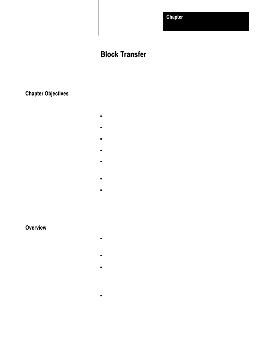 8 - block transfer, Chapter objectives, Overview | Block transfer | Rockwell Automation 6008-SI IBM PC I/O SCNNR 6008-SI User Manual | Page 91 / 136