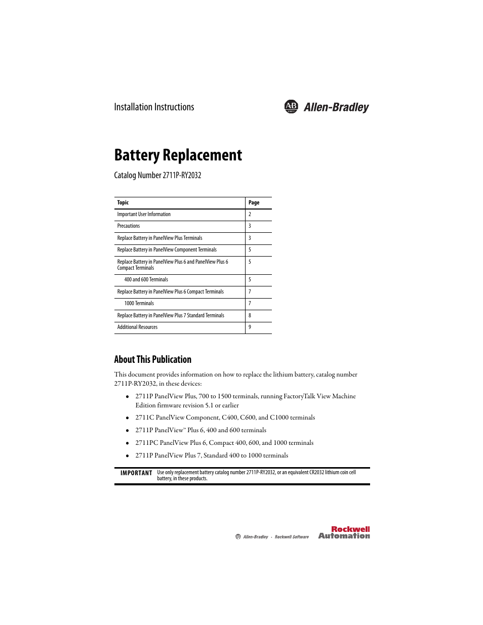 Rockwell Automation 2711P-RY2032 Battery Replacement Installation Instructions User Manual | 12 pages