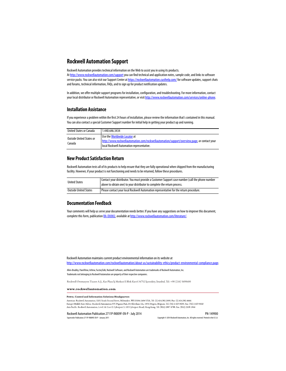 Back cover, Rockwell automation support, Installation assistance | New product satisfaction return, Documentation feedback | Rockwell Automation 2711P-RY2032 Battery Replacement Installation Instructions User Manual | Page 12 / 12