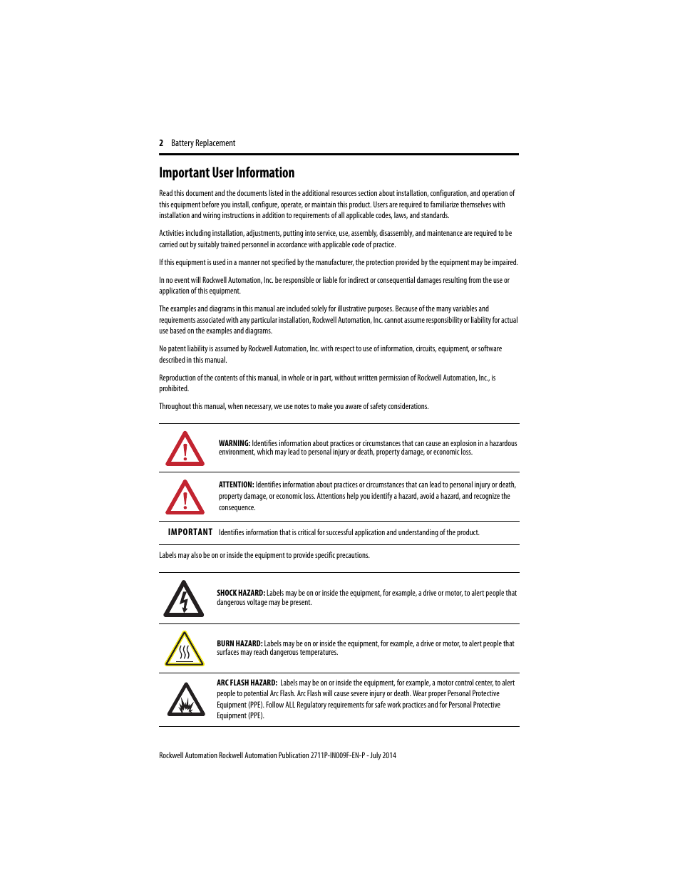 Important user information | Rockwell Automation 2711P-RY2032 Battery Replacement Installation Instructions User Manual | Page 2 / 12