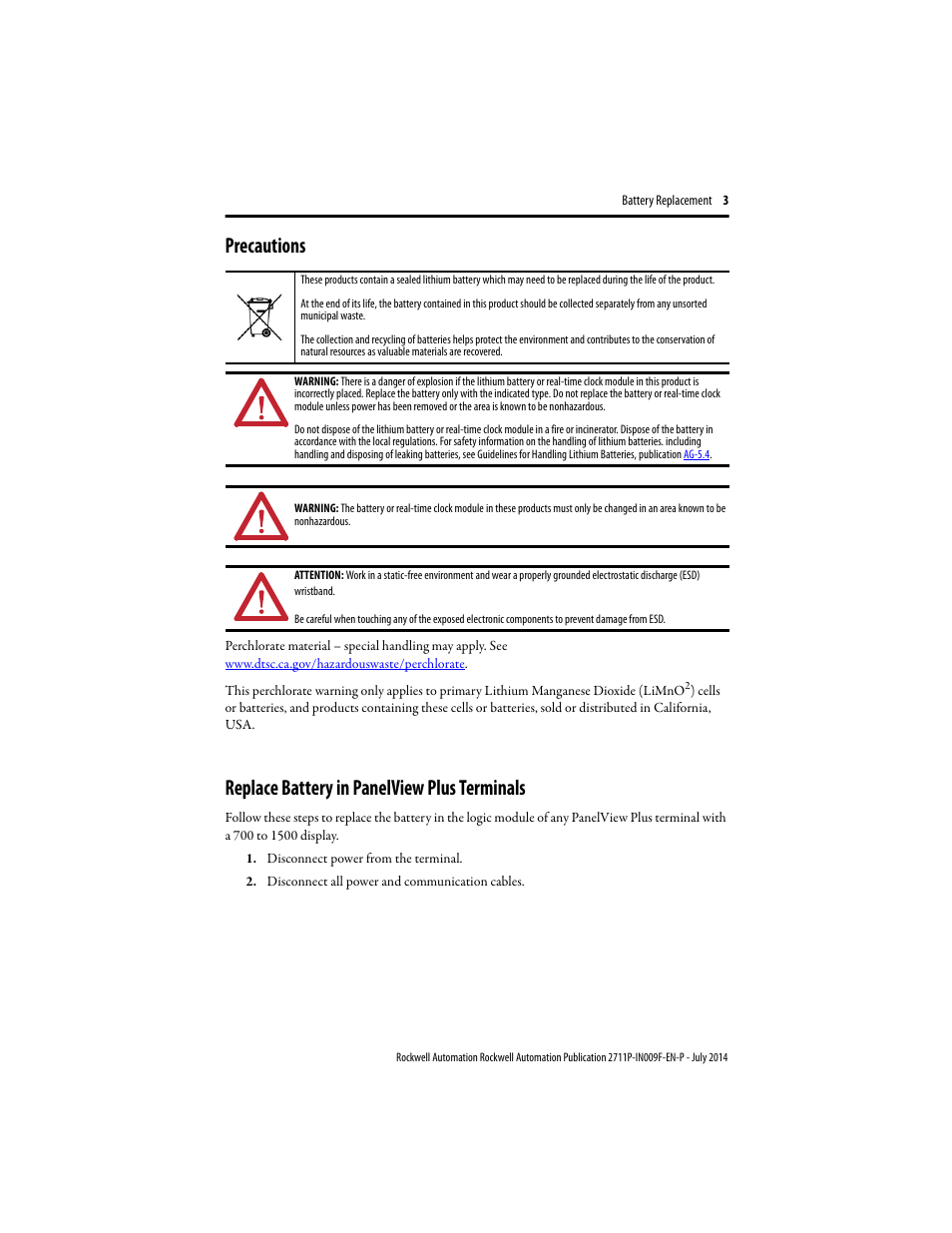 Precautions, Replace battery in panelview plus terminals | Rockwell Automation 2711P-RY2032 Battery Replacement Installation Instructions User Manual | Page 3 / 12