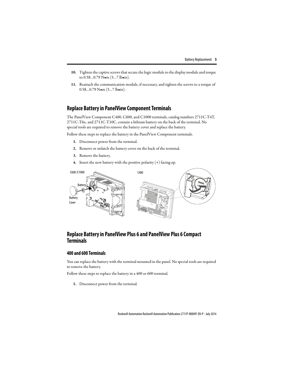 Replace battery in panelview component terminals, 400 and 600 terminals | Rockwell Automation 2711P-RY2032 Battery Replacement Installation Instructions User Manual | Page 5 / 12