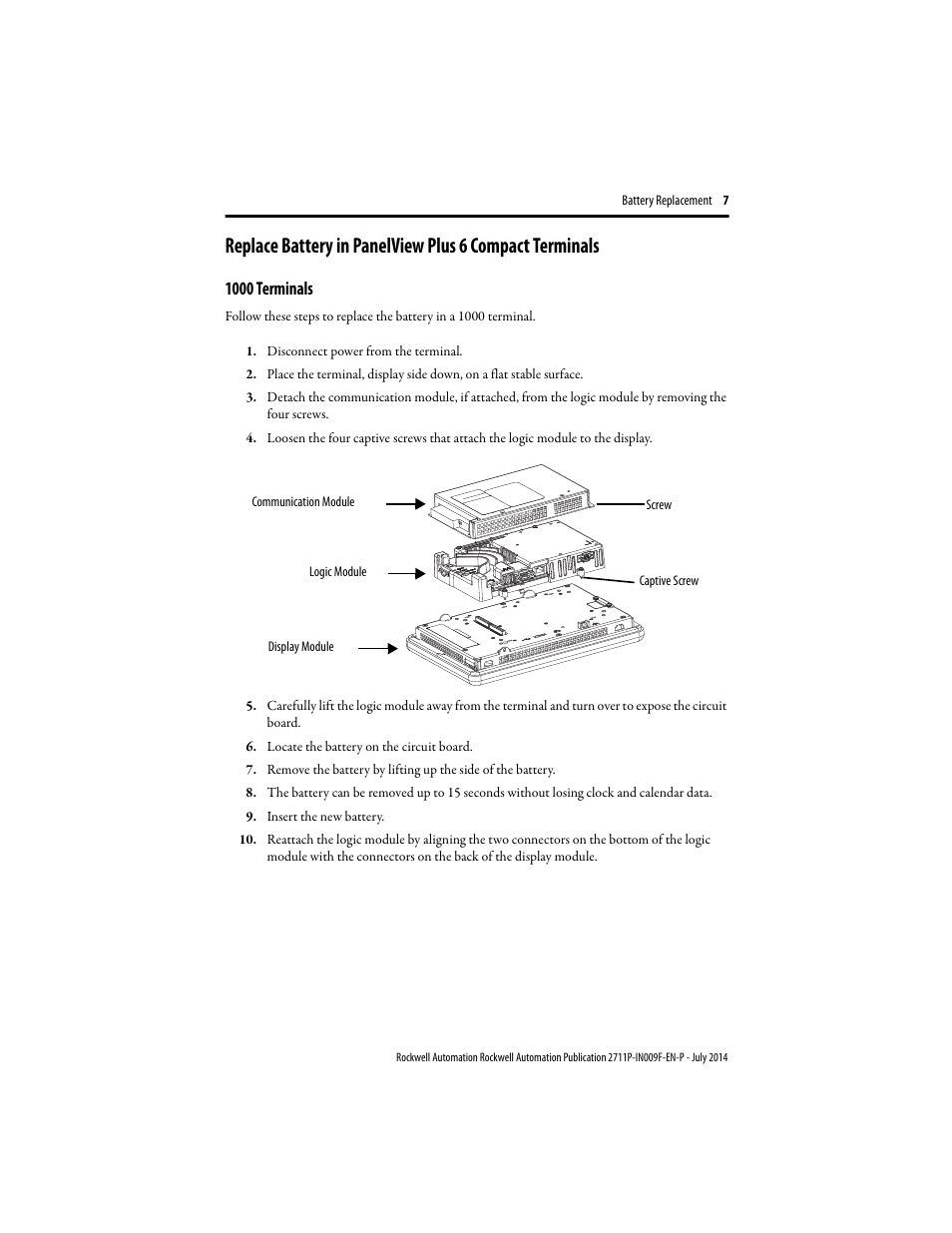 1000 terminals | Rockwell Automation 2711P-RY2032 Battery Replacement Installation Instructions User Manual | Page 7 / 12