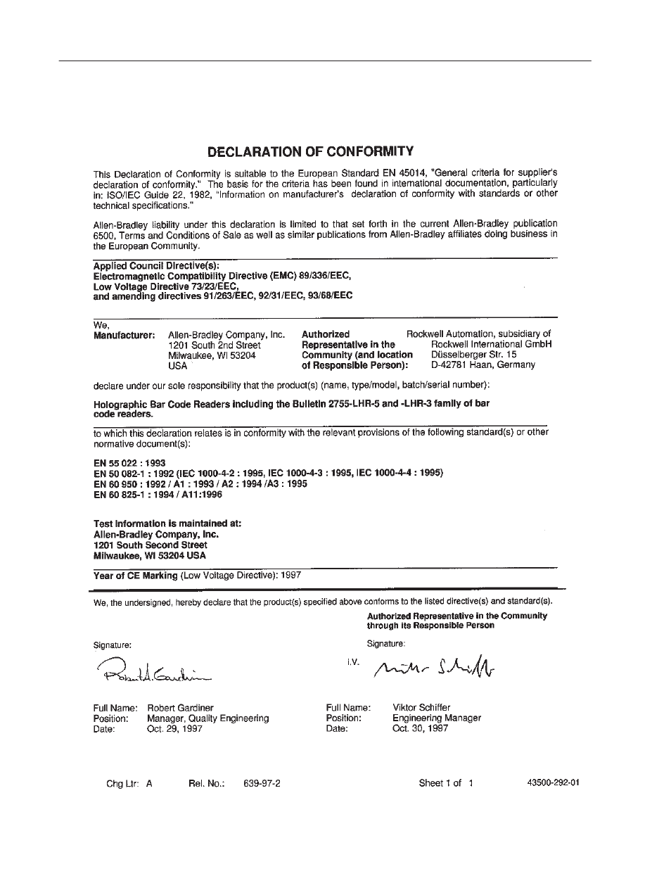 Declaration of conformity | Rockwell Automation 2755 StrataScan Bar Code Readers User Manual | Page 64 / 68