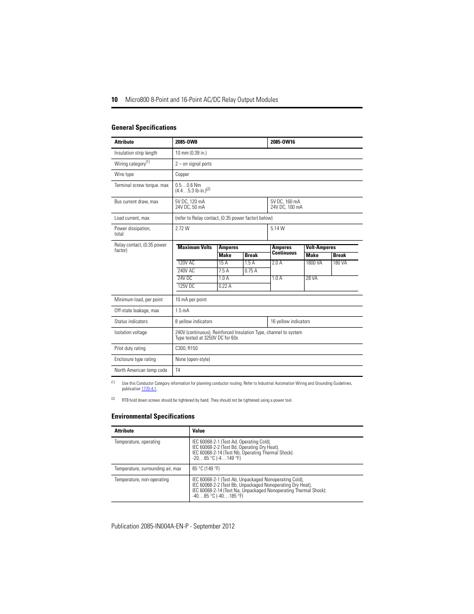 Environmental specifications, General specifications | Rockwell Automation 2085-OW8_OW16 Micro800 8-Point and 16-Point AC/DC Relay Output Modules User Manual | Page 10 / 12