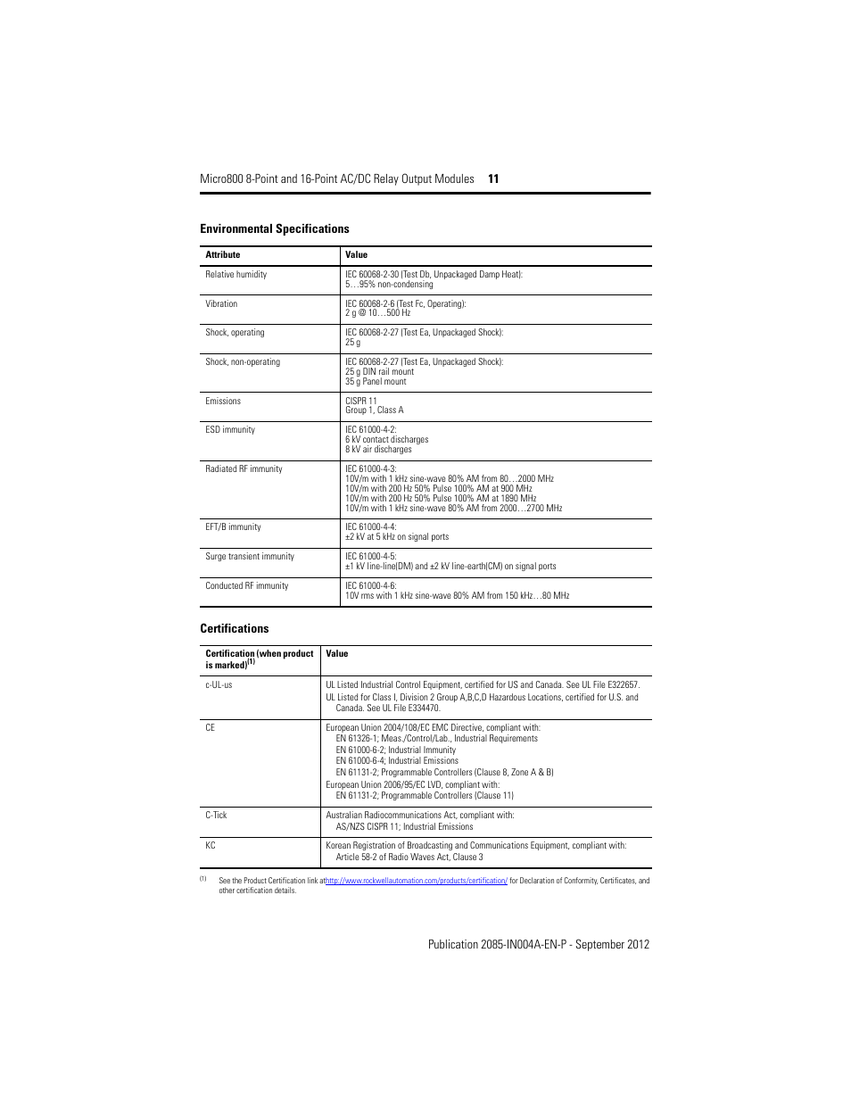 Certifications, Environmental specifications | Rockwell Automation 2085-OW8_OW16 Micro800 8-Point and 16-Point AC/DC Relay Output Modules User Manual | Page 11 / 12