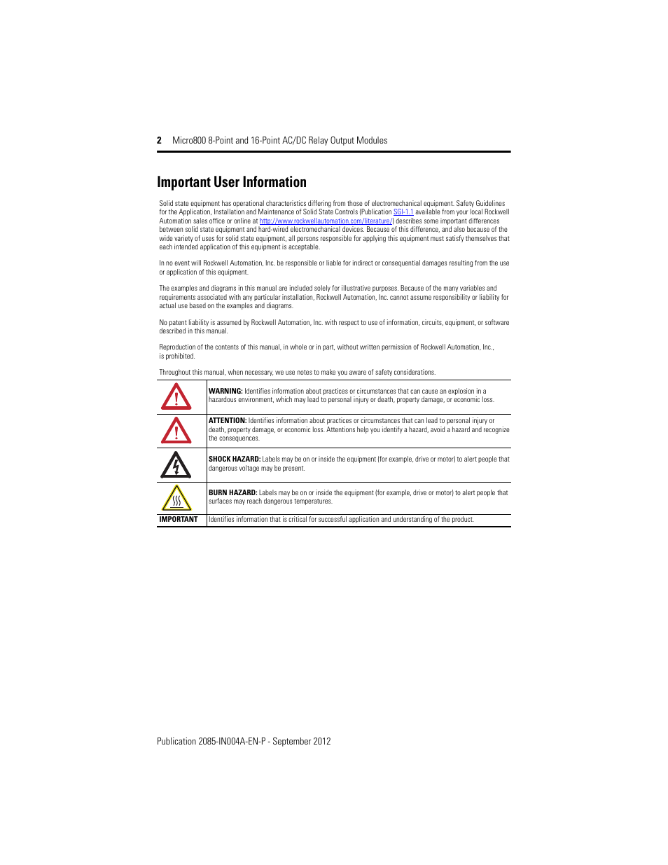 Important user information | Rockwell Automation 2085-OW8_OW16 Micro800 8-Point and 16-Point AC/DC Relay Output Modules User Manual | Page 2 / 12