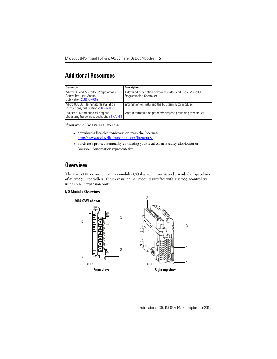 Additional resources, Overview | Rockwell Automation 2085-OW8_OW16 Micro800 8-Point and 16-Point AC/DC Relay Output Modules User Manual | Page 5 / 12