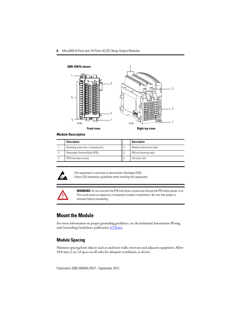 Module description, Mount the module, Module spacing | Rockwell Automation 2085-OW8_OW16 Micro800 8-Point and 16-Point AC/DC Relay Output Modules User Manual | Page 6 / 12