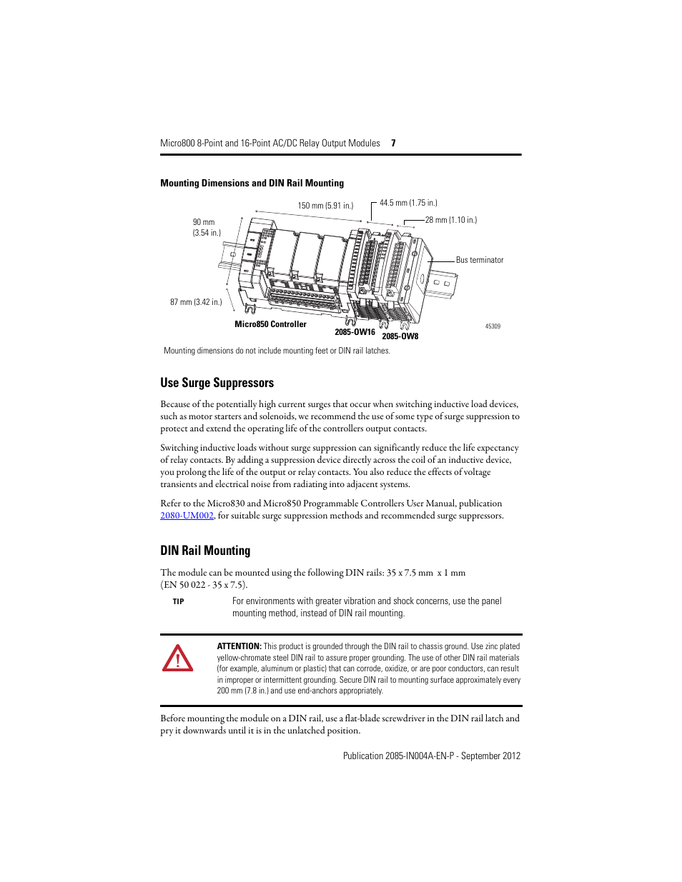 Use surge suppressors, Din rail mounting | Rockwell Automation 2085-OW8_OW16 Micro800 8-Point and 16-Point AC/DC Relay Output Modules User Manual | Page 7 / 12