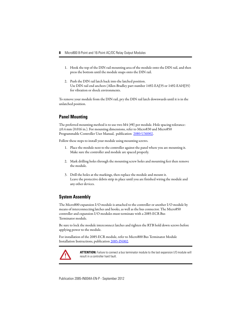 Panel mounting, System assembly | Rockwell Automation 2085-OW8_OW16 Micro800 8-Point and 16-Point AC/DC Relay Output Modules User Manual | Page 8 / 12