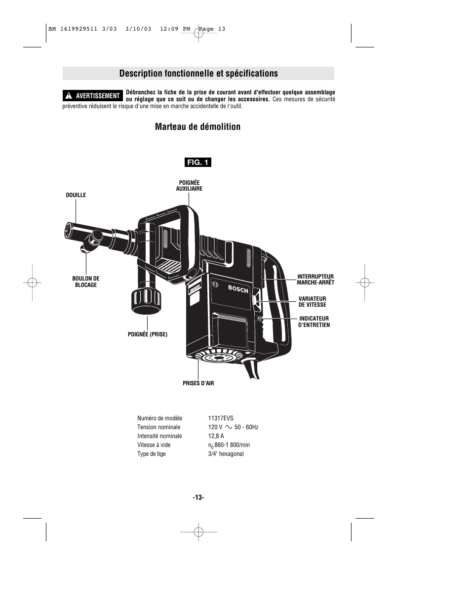 Description fonctionnelle et spécifications, Marteau de démolition | Bosch 11317EVS User Manual | Page 13 / 24